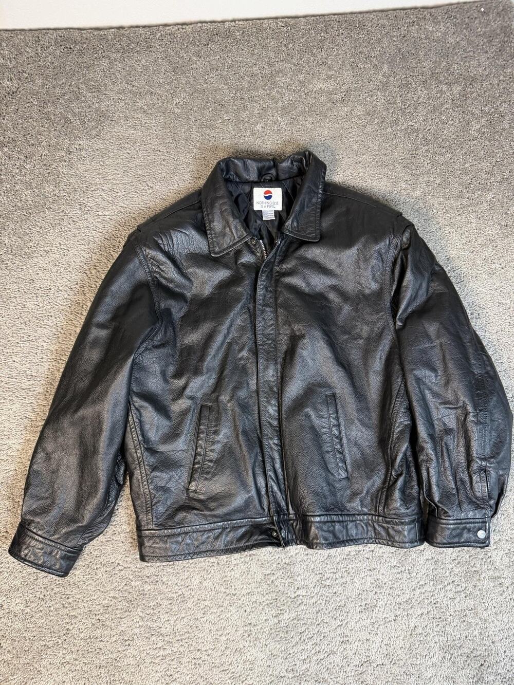 Vintage 90s Pepsi Jacket Mens XL Black Bomber Leather Lined Collared Full Zip